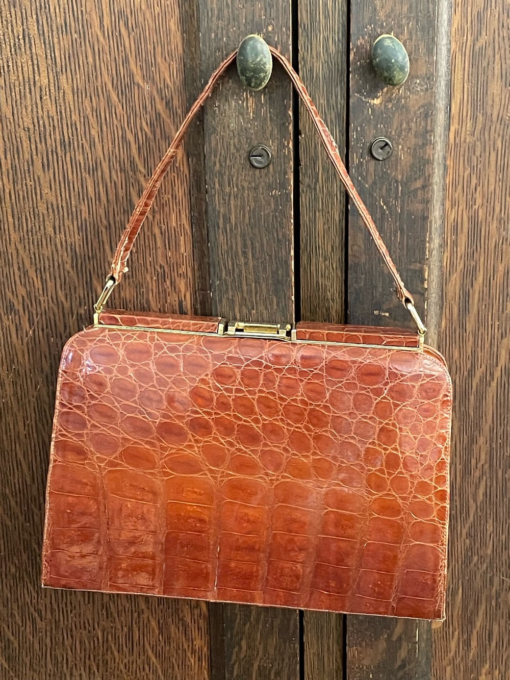 Vintage 1950’s Industria Argentina Caiman Alligator Leather Bag in Cognac brown